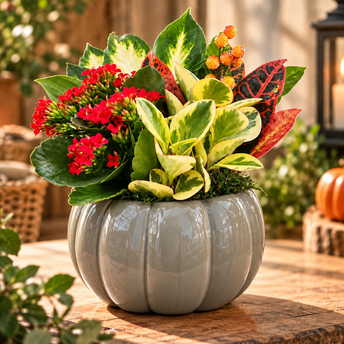 Harvest Pumpkin fall indoor plant garden in orange ceramic pumpkin pot - Bella Rosa MTL Montreal