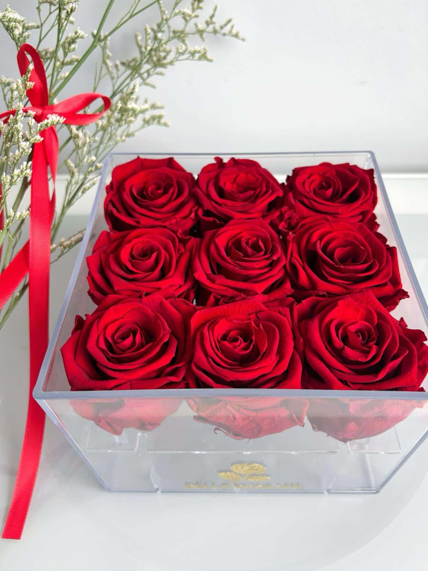 9 Red Preserved Roses in Acrylic Box