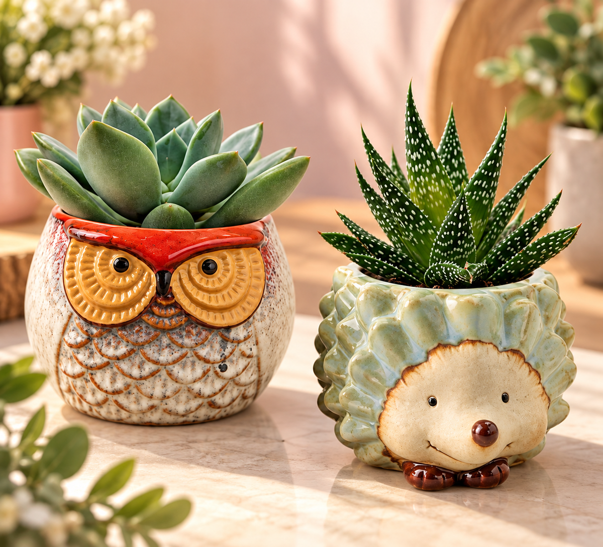 Mini succulent in 2.5 inch ceramic hedgehog and owl planter - Bella Rosa MTL