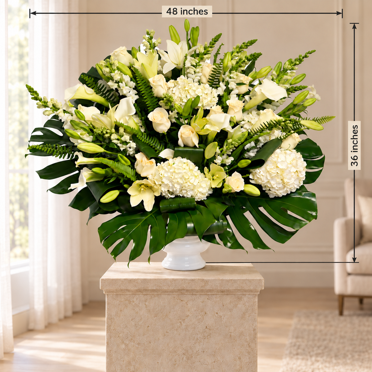 Eternal Grace arrangement dimensions: 48 inches wide by 36 inches high, excluding pedestal