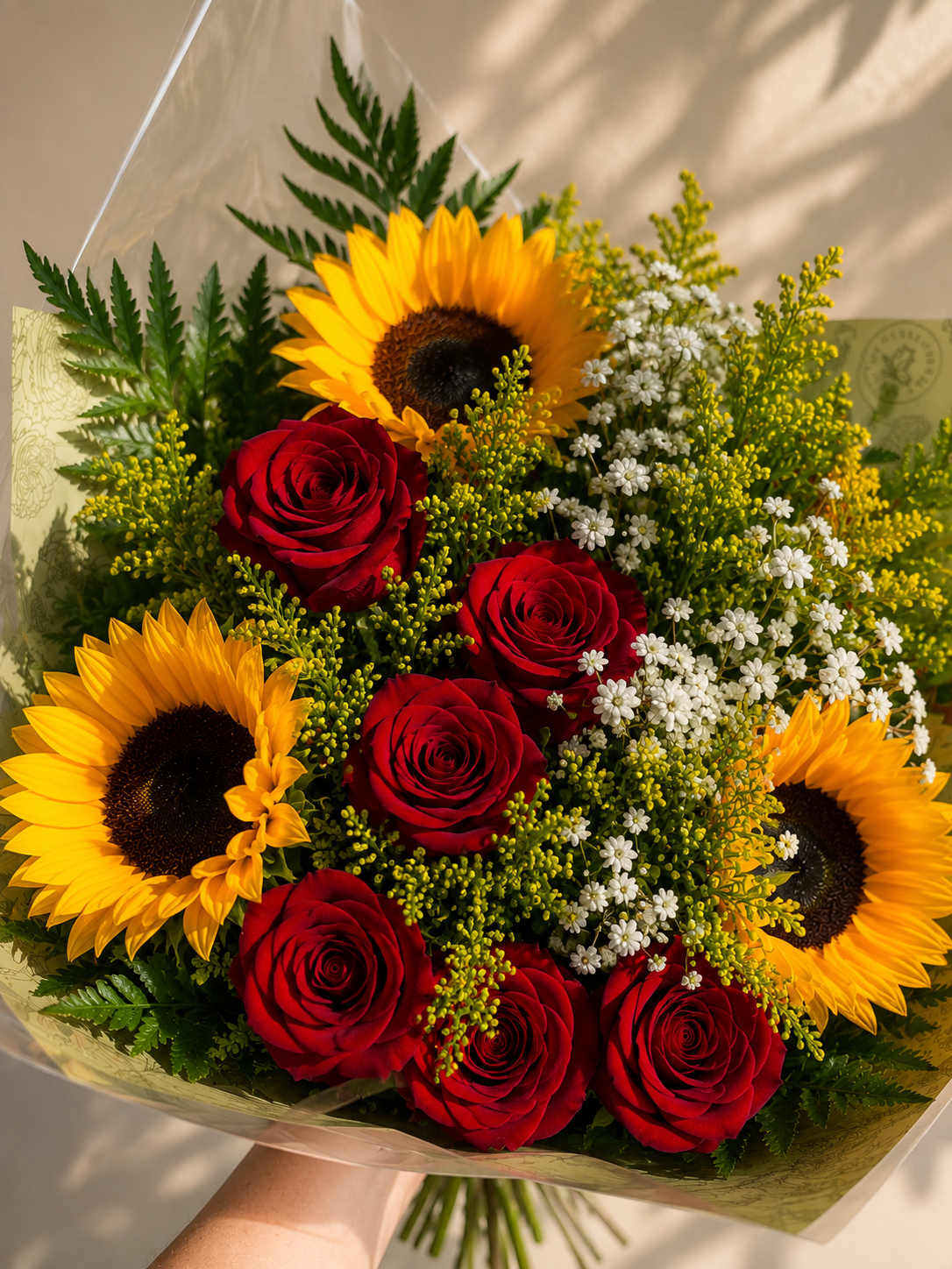 "Honey & Ruby" Red roses & Sunflowers