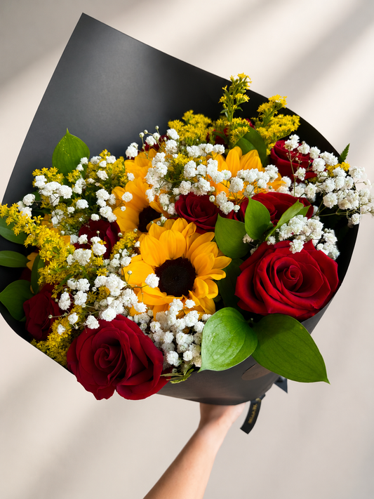 "Honey & Ruby" Red roses & Sunflowers
