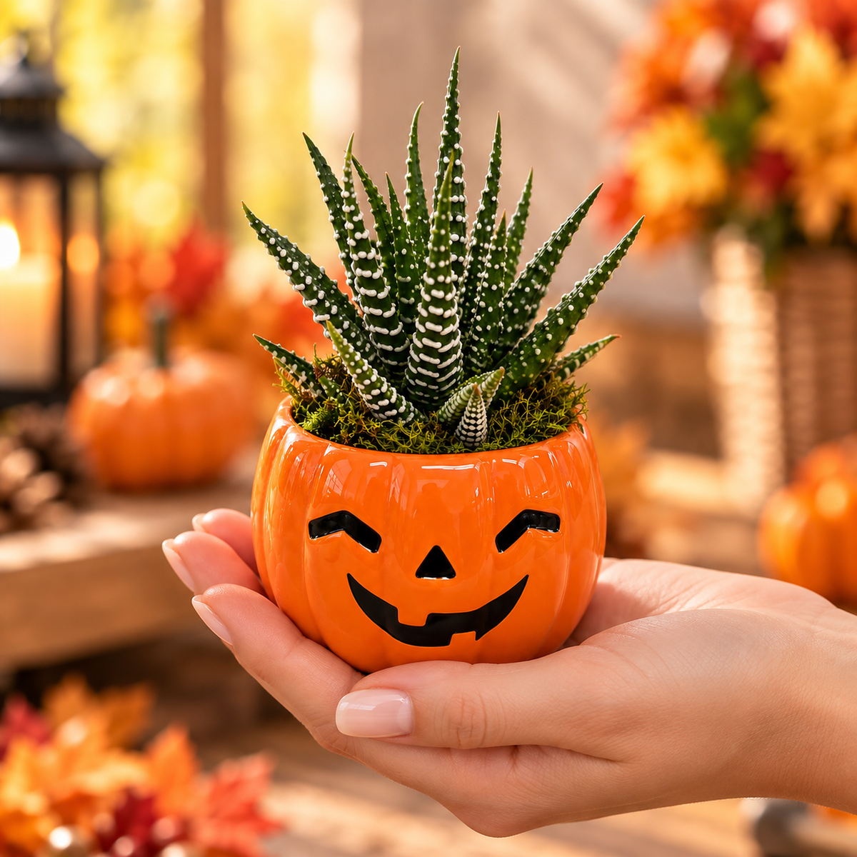 A small succulent plant in a pumpkin-shaped orange pot with a carved jack-o'-lantern face, held in a person's hands against a warm, blurred autumn background with pumpkins and fall decor.