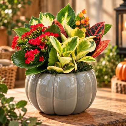 Harvest Pumpkin fall indoor plant garden in orange ceramic pumpkin pot - Bella Rosa MTL Montreal