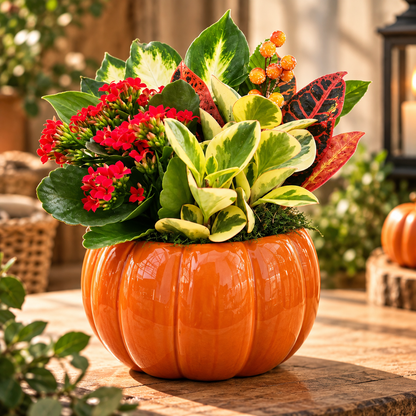 Harvest Pumpkin fall indoor plant garden in orange ceramic pumpkin pot - Bella Rosa MTL Montreal