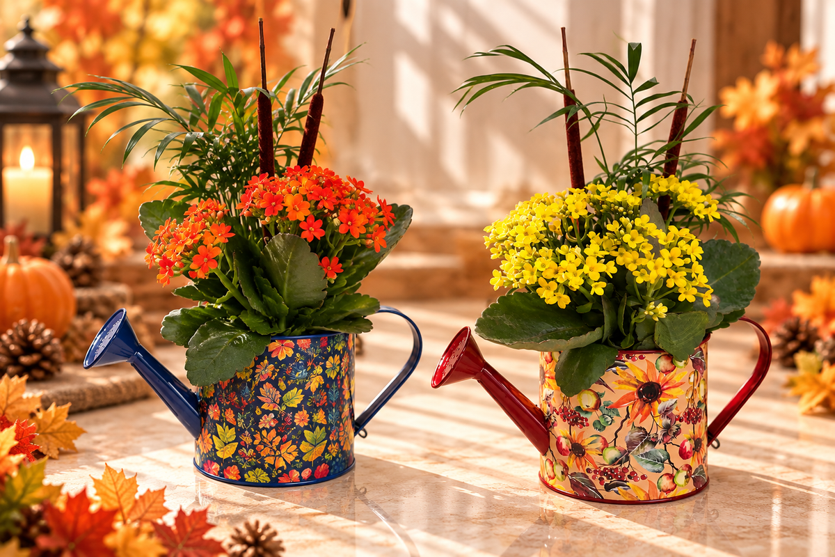 Decorative fall watering can with assorted indoor plants – Bella Rosa MTL