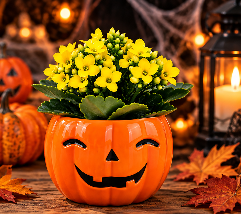 Happy Pumpkin Kalanchoe in orange ceramic Halloween pumpkin planter - Bella Rosa MTL