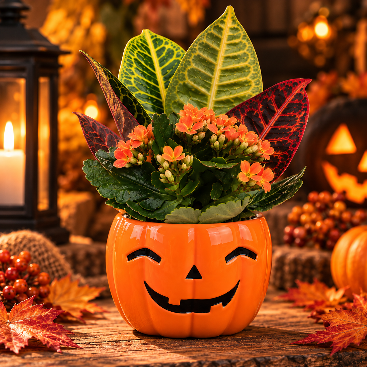 Happy Pumpkin 5 inch fall plant garden in orange ceramic Halloween planter - Bella Rosa MTL