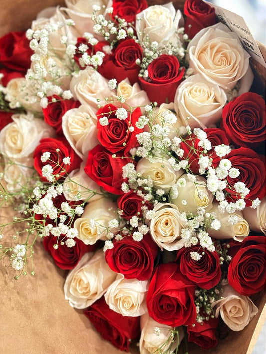 50 Red and White Rose Bouquet