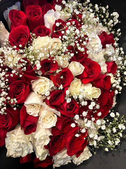 100 Red and White Rose Bouquet