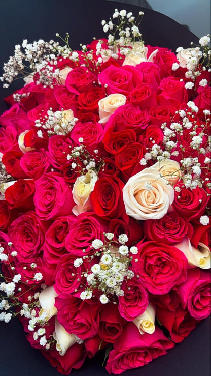 100 Pink, Red and White Rose Bouquet