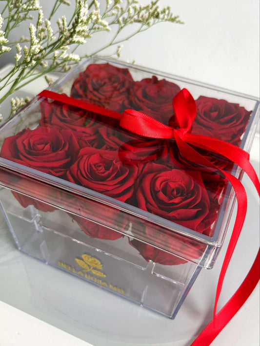 9 Red Preserved Roses in Acrylic Box