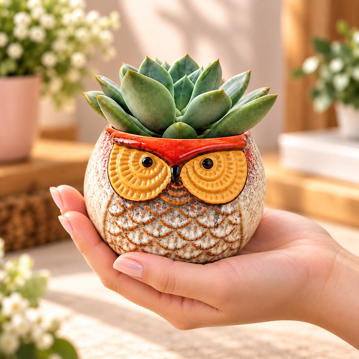 2.5 inch mini owl succulent planter held in hand for size reference - Bella Rosa MTL