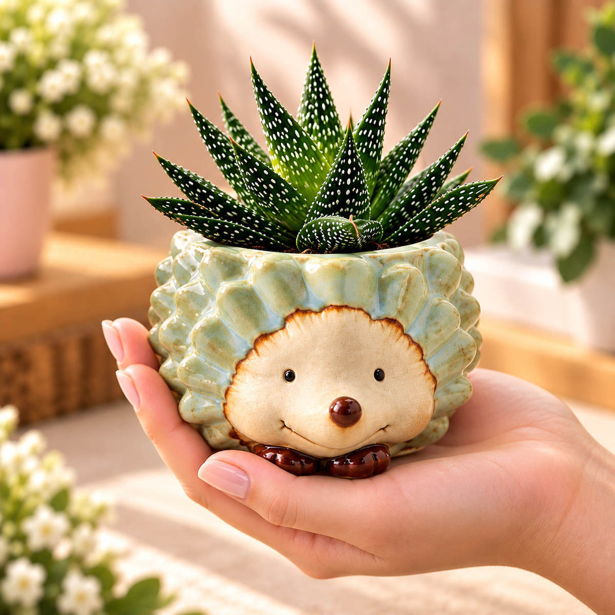 2.5 inch mini hedgehog  succulent planter held in hand for size reference - Bella Rosa MTL