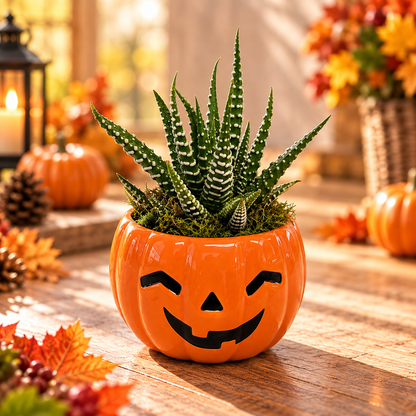 2.5-inch ceramic pumpkin pot with live succulent – fall plant gift Montreal
