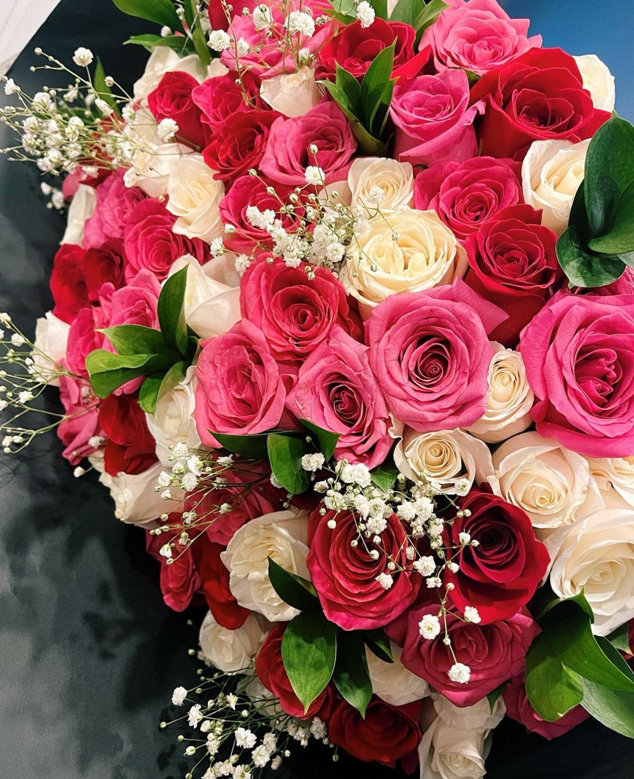 100 Pink, Red and White Rose Bouquet