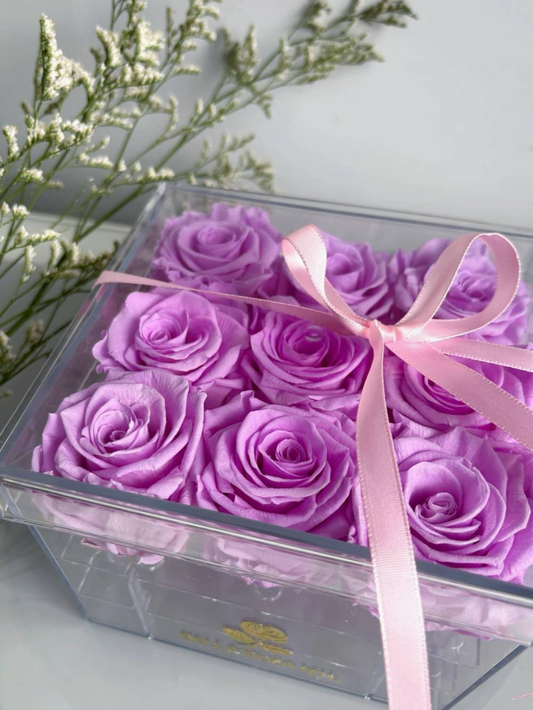 9 lilac Preserved Roses in Acrylic Jewelry Box