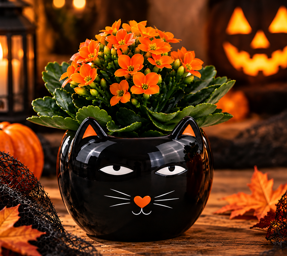 Spooky Cat Kalanchoe Halloween plant in black ceramic cat planter - Bella Rosa MTL
