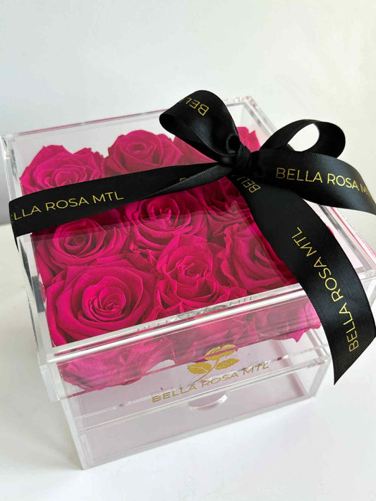 9 Hot Pink Preserved Roses in Acrylic Box