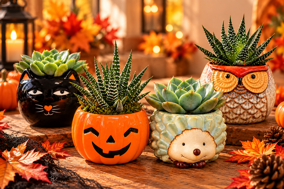 Three small succulent plants in decorative ceramic planters arranged on a wooden surface with autumn leaves and warm string lights in the background. The planters include a black cat face, a pumpkin jack-o'-lantern, and an owl design.