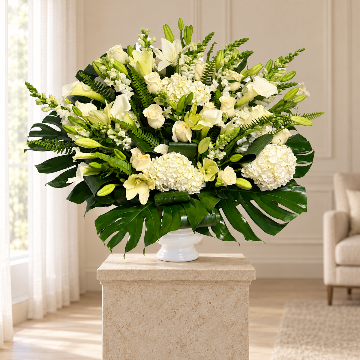 Eternal Grace sympathy flowers displayed on a stone pedestal; pedestal not included