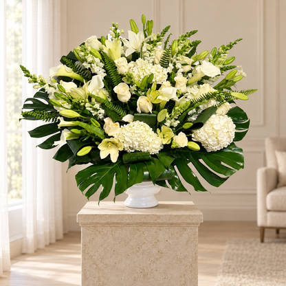Eternal Grace sympathy flowers displayed on a stone pedestal; pedestal not included